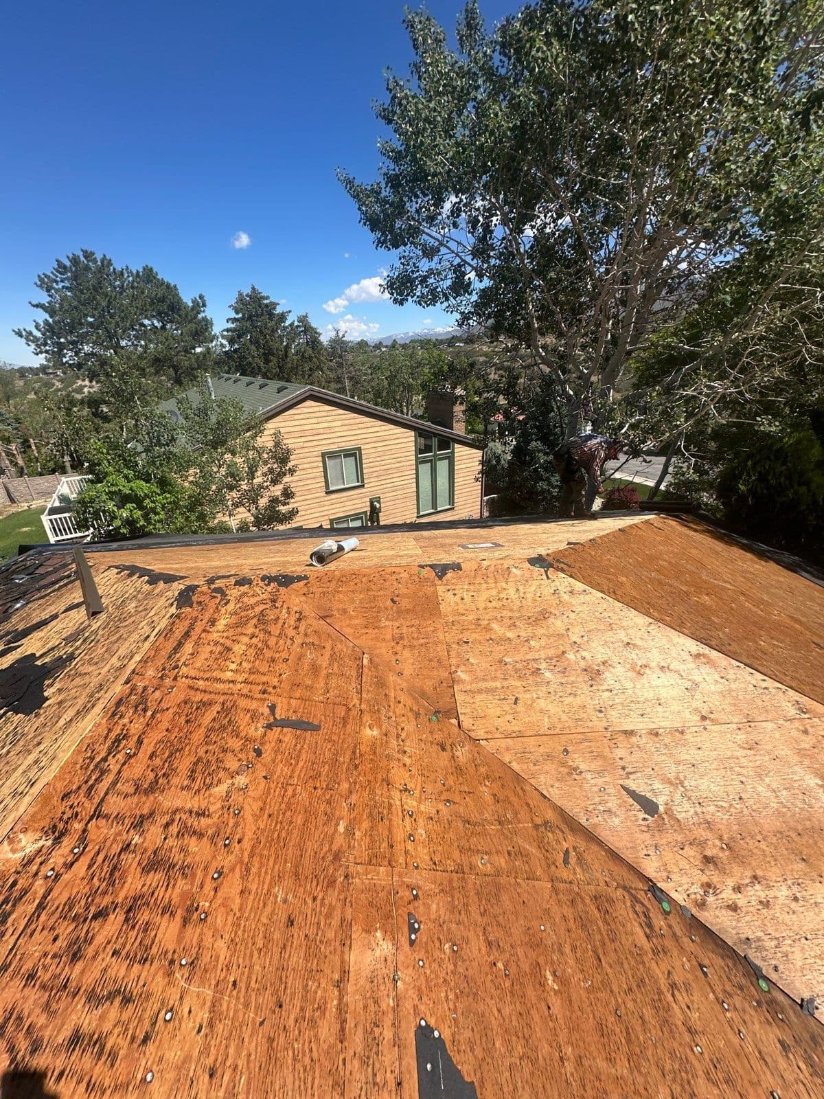 Bare board decking with the mountains behind